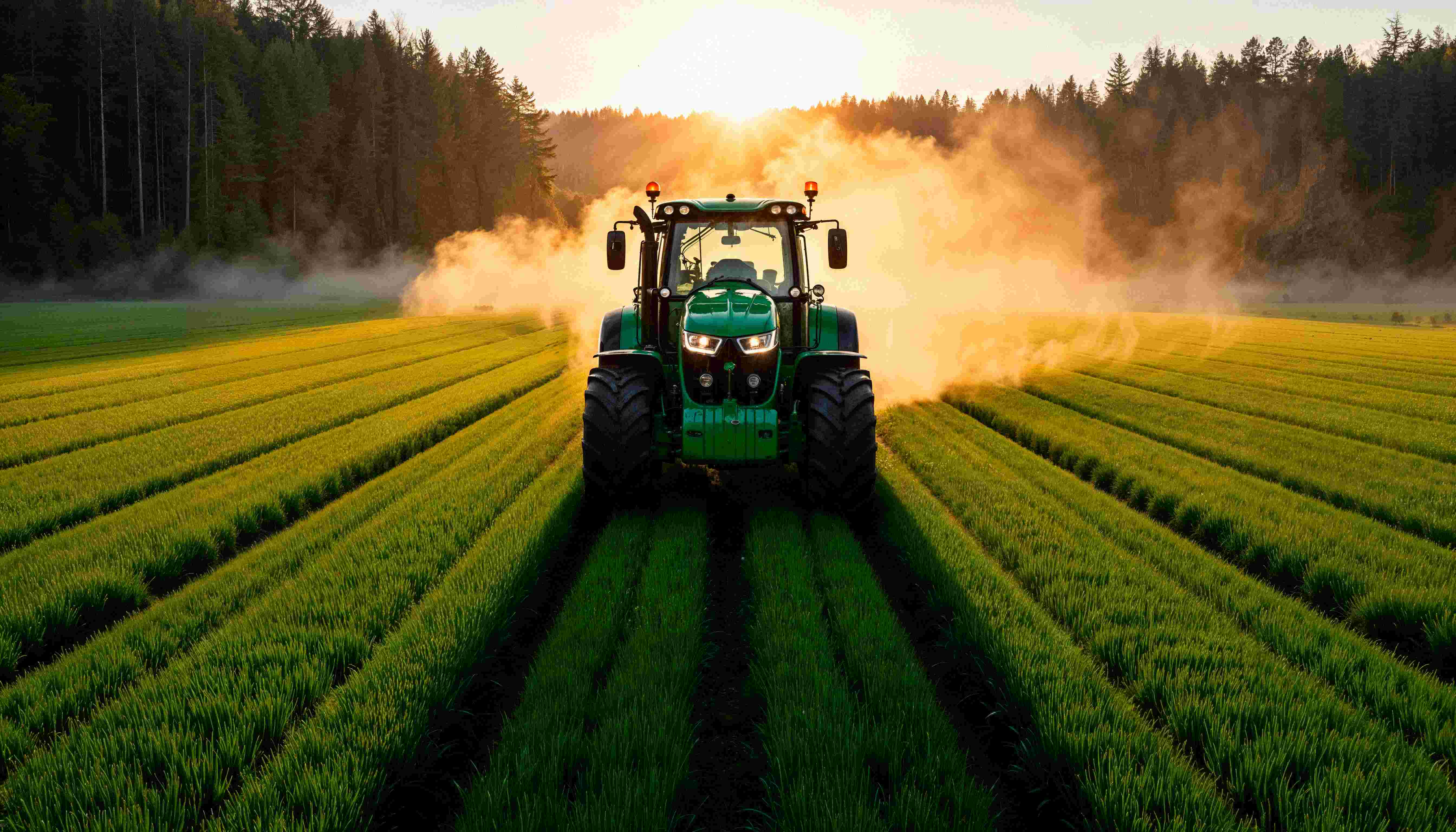 A tractor working a field at sunrise